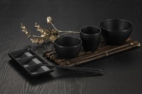 Assiette à sauce divisée en trois compartiments, en mélamine, durable, élégante, noire, pour restaurant de sushi et de barbecue, usage commercial