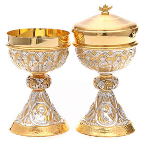 Cáliz/Ciborio de color oro y plata de moda, personalizado con relieve, hecho a mano en latón de alta calidad para uso en iglesias y como regalo. - Product Image 1