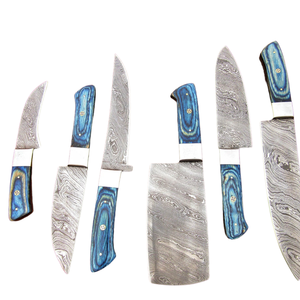 Juego de 6 Cuchillos de Chef de Acero de Damasco Hechos a Mano con Mangos de Madera Azul, Profesionales para Cocina, Cortar y Picar - Product Image 3