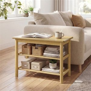 Panca Portascarpe a 3 Ripiani in Legno Naturale di Gomma, Capacità 60 cm e 220 kg, Panca Contenitore per Ingresso - Product Image 1