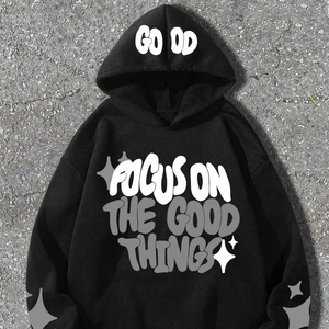 Sudadera con Capucha para Mujer, Estilo Vintage, de Lona Negra, Informal, para Invierno/Primavera, con Bolsillos y Logotipo Frontal, Focus on the Good Things - Product Image 5