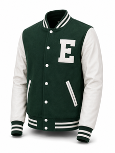 Veste universitaire unisexe verte avec manches blanches, broderie lettre E, patchwork, coupe-vent, style preppy, col rabattu, coupe régulière - Product Image 1