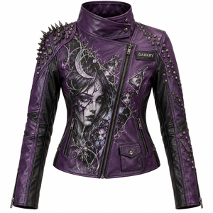 Veste en cuir véritable violet foncé pour femme, style gothique, avec imprimé visage, cloutée, fermeture éclair croisée aux épaules, manteau de motard, fournisseur d'usine - Product Image 1