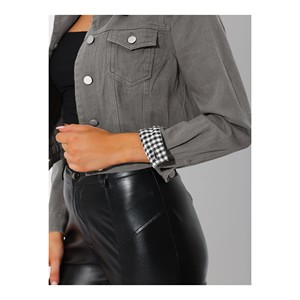 New Arrival Women's Slim Fit Grey Color Button Down Casual Cropped Long Sleeves Denim Jean Jacket - Product Image 4