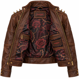 Distressed Brown Leather <b>Jacket</b> <b>Womens</b> Gothic Rose Girl Print Spiked Stud Collar Zip Biker Coat Custom Manufacturing Offer - Product Image 5