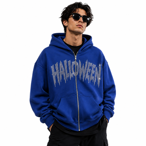 Sweat-shirt à capuche bleu pour homme avec logo personnalisé, fermeture éclair intégrale, coupe oversize, épais, avec design en strass sur le devant, style hip-hop streetwear. - Product Image 1
