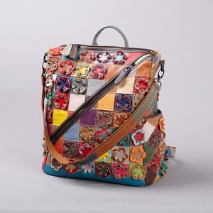 Ando Bag Genuine Cowhide Leather <b>Floral</b> Patchwork <b>Backpack</b> Women Multicolor Shoulder Bag - Product Image 1