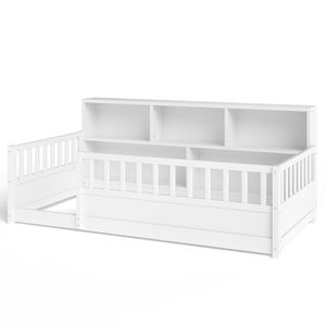 Letto singolo in legno bianco per bambini con sponda a recinzione e contenitore laterale, funzione decorativa - Product Image 5