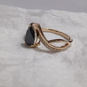 Anillo de banda cruzada con gema de moissanita negra talla pera para mujer, de plata 925 original con baño de oro amarillo, regalo fino para parejas - Product Image 2