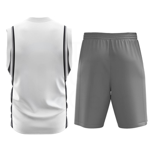 Ensemble de maillot de basket-ball unisexe blanc sans manches à col en V et short gris respirant, anti-humidité, séchage rapide, 100 % polyester - Product Image 6