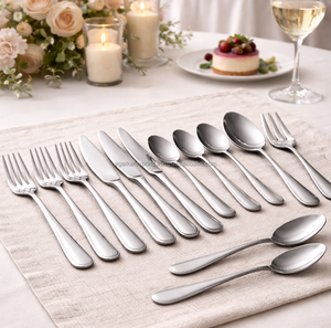 Ensemble de 12 couverts de luxe modernes en acier inoxydable, cuillères et fourchettes, finition miroir, robustes, compatibles lave-vaisselle, pour événements commerciaux - Product Image 1