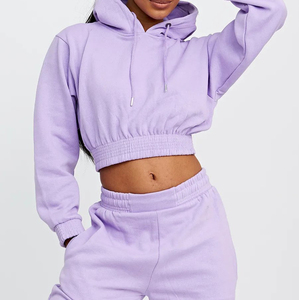 Ensemble de survêtement décontracté deux pièces pour femme, couleur unie, à capuche, manches longues, en molleton, coupe courte, 100 % coton, entièrement respirant - Product Image 6