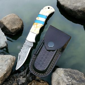 Couteaux de chasse pliants à pointe acérée avec poignée à motif bleu, lame en acier lisse et étui en cuir pour la chasse et le camping - Product Image 1