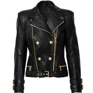 Chaquetas de cuero genuino de diseñador de lujo para mujer, estilo motero, corte ajustado, con herrajes dorados. - Product Image 1