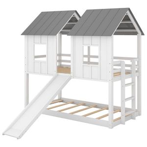 Letto a castello a forma di casa in legno massello con due letti singoli, finestre scorrevoli, bianco, per cameretta dei bambini, uso palestra, letto a soppalco per bambini con contenitore - Product Image 1