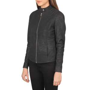 Chaqueta de Motociclista para Mujer, de Piel de Oveja Genuina Negra, con Cuello Alto y Cierre de Cremallera - Product Image 2