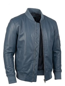 Veste en cuir bomber bleue pour homme - Product Image 3