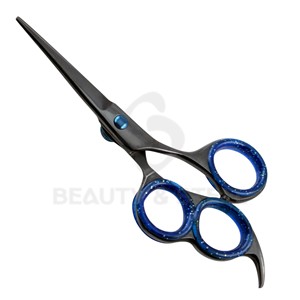 Ciseaux de barbier noirs en acier inoxydable de haute qualité, ciseaux à cheveux avec triple trou pour les doigts et inserts bleus - Product Image 1