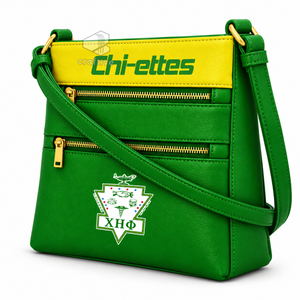 Sac bandoulière en cuir PU vert Chi Eta Phi Sorority avec deux poches zippées, sangle réglable et emblème lettres grecques - Product Image 4