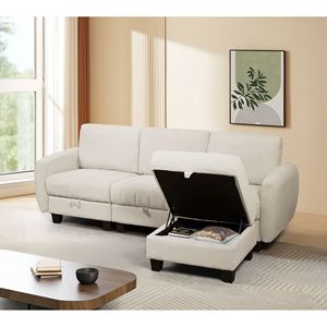 Divano in Tessuto Corduroy Beige e Bianco con Pouf, Elegante Arredamento per Soggiorno - Product Image 2