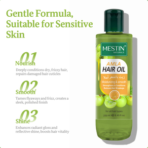 Olio per <span class=keywords><strong>Capelli</strong></span> Amla Mestin Etichetta Privata 250ml Nutriente Rinfrescante Lisciante Riparatore per <span class=keywords><strong>Capelli</strong></span> Danneggiati e Cuoio Capelluto Ingredienti Naturali - Product Image 3