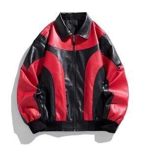 Chaqueta de cuero PU para hombre, estilo bomber, con bloques de color, estilo motociclista, cuello vuelto, cierre de cremallera, para otoño, chaqueta de moto. - Product Image 1
