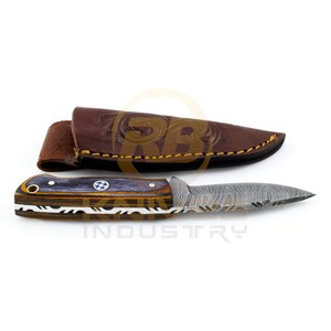 Couteau de chasse et de camping artisanal en acier Damas, manche en bois, étui en cuir véritable, lame fixe, survie en plein air - Product Image 6