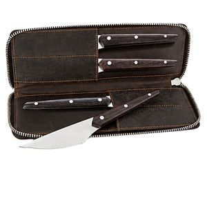 Ensemble de couteaux de cuisine à manche brun foncé avec lames argentées et triple rivets dans un étui à fermeture éclair marron avec poches de rangement cousues - Product Image 4