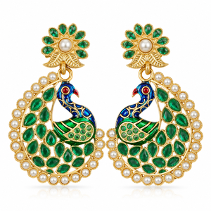 Pendientes de Ónix Verde Claro con Forma de Pavo Real y Borde de Perlas, Directo de Fábrica |   Joyería india de latón chapada en oro - Product Image 1