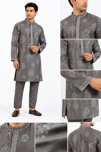 Mens Ethnic Grey Printed Cotton Kurta Pajama <b>Set</b> Embroidered Neck Indian Traditional Festival Outfit Wholesale Supplier B2B - Product Image 4