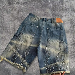 Pantalones Cortos Bermuda de Mezclilla para Hombre, Cintura Alta, Cierre de Botones, Estilo Casual, Decoración con Remaches, 100% Algodón Tejido de Alta Calidad - Product Image 6