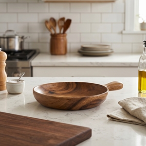 Food Grade Suar Wood Medium Round Plate With Handle Serving <b>Board</b> <b>Light</b> Brown Twenty One Centimeter Diameter Thirty One Cms Long - Product Image 3