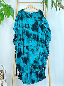 Kaftan Wavy <b>Dress</b> Crepe Silk Recycled Vintage Indian <b>Sari</b> Colourful Comfy Daywear Round Neck Tie Dye Long Maxi <b>Dress</b> For Women - Product Image 5