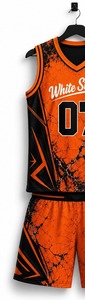 Ensemble de maillot de basket-ball pour femmes, imprimé géométrique orange et noir, sans manches, col rond, tissu respirant, spandex/nylon, vêtements de sport - Product Image 4