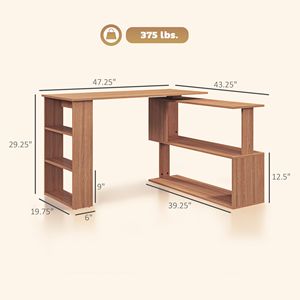360 Degree Rotating Teak L-Shaped <b>Corner</b> Computer <b>Desk</b> Home Office with Storage Shelves for Writing Workstation - Product Image 3