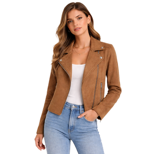 Chaqueta de Motociclista de Ante Sintético para Mujer, Chaqueta Moto con Cierre Asimétrico, Ajuste Delgado, Ropa Exterior Informal - Product Image 1