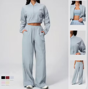 Ropa Deportiva para Mujer, Protección Solar, Secado Rápido, Conjuntos Deportivos, Top Corto con Cierre, Pantalones Holgados, para Correr al Aire Libre, Gimnasio, Entrenamiento, Fitness - Product Image 4