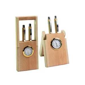 Wooden Pen Holder Desk <b>Clock</b> Multifunctional Stationery Organizer with Built In Analog <b>Clock</b> Gold Rim Elegant Office <b>Table</b> - Product Image 1