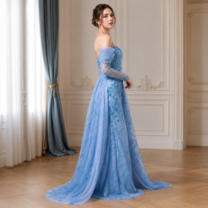 Vestido de Noche de Lujo Azul Hielo con Lentejuelas Estilo Sirena para Mujer, con Hombros Descubiertos, Manga Larga, Formal, para Fiesta de Graduación, Boda, Maxi Vestido con Cola - Product Image 2