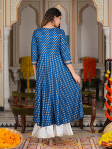 Womens Blue Rayon Golden Buti Printed Anarkali Kurta With Round Neck <b>Three</b> Fourth Sleeves Crafted For Global Ethnic Casual Wear - Product Image 3