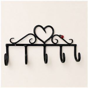 Decorative Wrought Iron Heart Shaped <b>Wall</b> Mounted Key Holder With 5 Hooks Rustic Black Metal Entryway Organizer <b>Rack</b> - Product Image 6