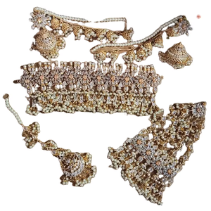 Conjunto de collar tradicional afgano con piedras de rubí rosa y detalles en verde esmeralda con perla blanca colgante. - Product Image 4