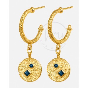 Boucles d'oreilles pendantes de luxe plaquées or avec topaze bleue de Londres et zircon pour femme, faites à la main, en laiton texturé, bijoux en forme de disque - Product Image 2