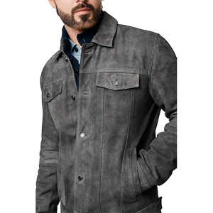 Men's <b>Suede</b> <b>Leather</b> <b>Jacket</b> Workwear Style Turn-down Collar Washed Finish Button Closure Autumn Outerwear - Product Image 4