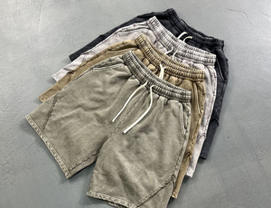 Streetwear Men's Custom Casual Solid Acid Washed Heavyweight <b>Canvas</b> Drawstring Distressed Long Cotton Ripped Sweat Shorts - Product Image 5