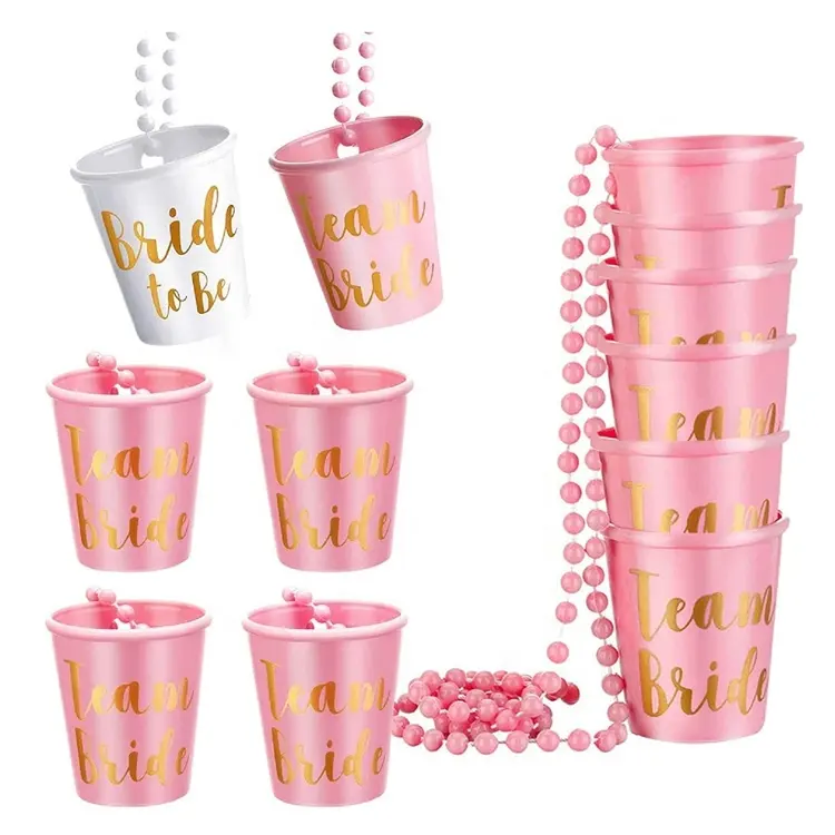 Haiwin Party 12pcs Pink White with Gold Foil Team Bride and Bride To Be Party Shot Glasses Necklace for Bachelor Wedding Party