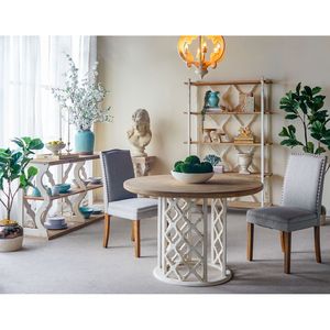 โต๊ะรับประทานอาหารไม้ทรงกลมขนาด 47x47x31 นิ้ว พร้อมฐานแกะสลักลายประณีต สีน้ำตาล/ขาว - Product Image 4