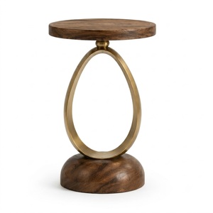 Ribbed Triangular Design Metal Base <b>Round</b> TOP Walnut Finish Mango Wood <b>Side</b> <b>Table</b> For Home living Furniture - Product Image 6