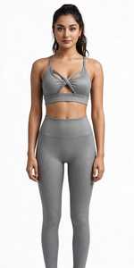 Ensemble 2 pièces côtelé respirant en spandex pour femme : soutien-gorge de sport à bretelles croisées et leggings taille haute sans couture – Tenue de sport active - Product Image 5