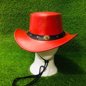 Chapeau de cowboy en cuir véritable rouge, fait main, qualité supérieure, style western rodeo pour cowgirl - Product Image 2